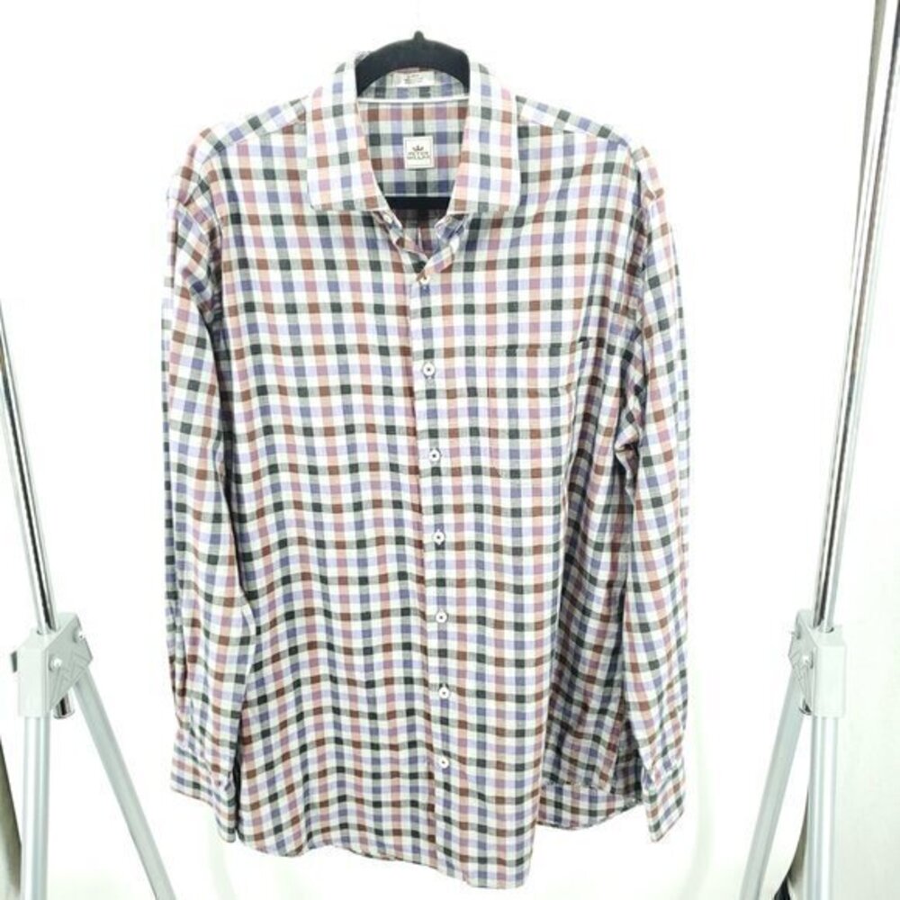 Peter Millar 100% Cotton Check Plaid Button Down Shirt L Gray/Red
